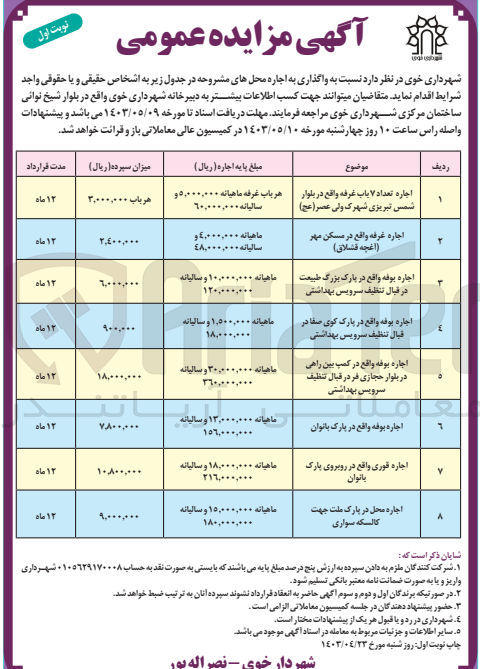 تصویر کوچک آگهی 1- اجاره تعداد ۷ باب غرفه واقع در بلوار شمس تبریزی شهرک ولی عصر (عج)
2- اجاره غرفه واقع در مسکن مهر (اغچه قشلاق)
3- اجاره بوفه واقع در پارک بزرگ طبیعت در قبال تنظیف سرویس بهداشتی
4- اجاره بوفه واقع در پارک کوی صفا در قبال تنظیف سرویس بهداشتی
5- اجاره بوفه واقع در کمپ بین راهی در بلوار حجازی فر در قبال تنظیف سرویس بهداشتی
6- اجاره بوفه واقع در پارک بانوان
7- اجاره قوری واقع در روبروی پارک بانوان
8- اجاره محل در پارک ملت جهت کالسکه سواری