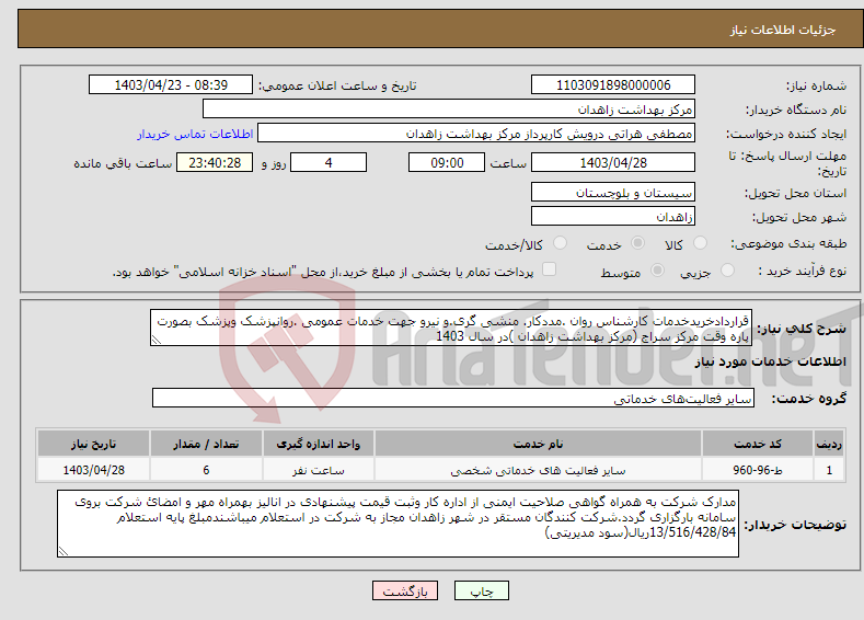 تصویر کوچک آگهی نیاز انتخاب تامین کننده-قراردادخریدخدمات کارشناس روان .مددکار. منشی گری.و نیرو جهت خدمات عمومی .روانپزشک وپزشک بصورت پاره وقت مرکز سراج (مرکز بهداشت زاهدان )در سال 1403
