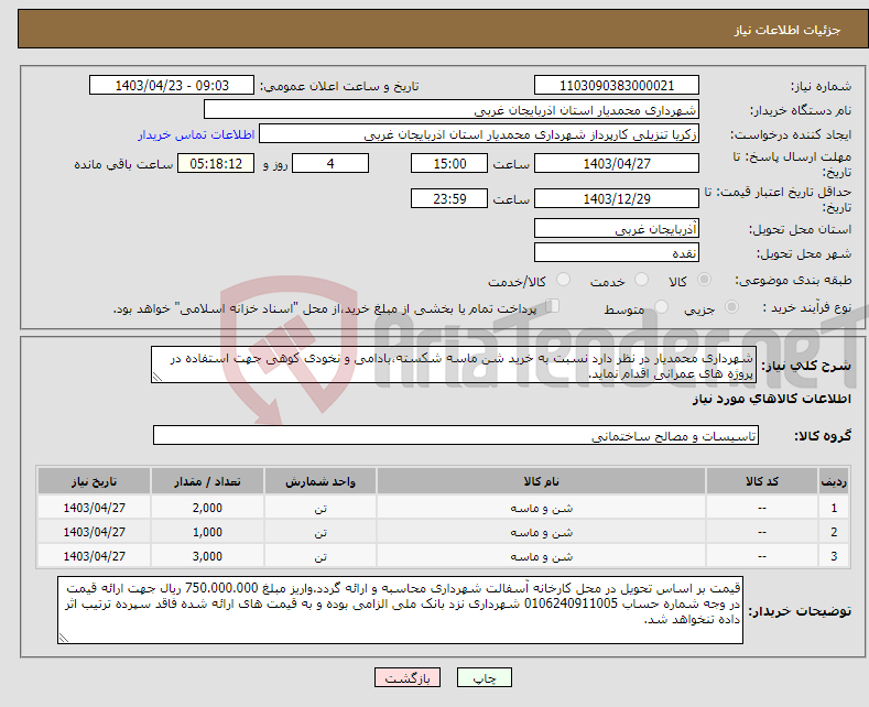 تصویر کوچک آگهی نیاز انتخاب تامین کننده-شهرداری محمدیار در نظر دارد نسبت به خرید شن ماسه شکسته،بادامی و نخودی کوهی جهت استفاده در پروژه های عمرانی اقدام نماید.