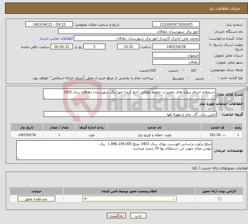 تصویر کوچک آگهی نیاز انتخاب تامین کننده-استعلام اجرای پروژه های تعمیرات خطوط هوائی (خط گرم) امور برق شهرستان دهاقان سال 1403 