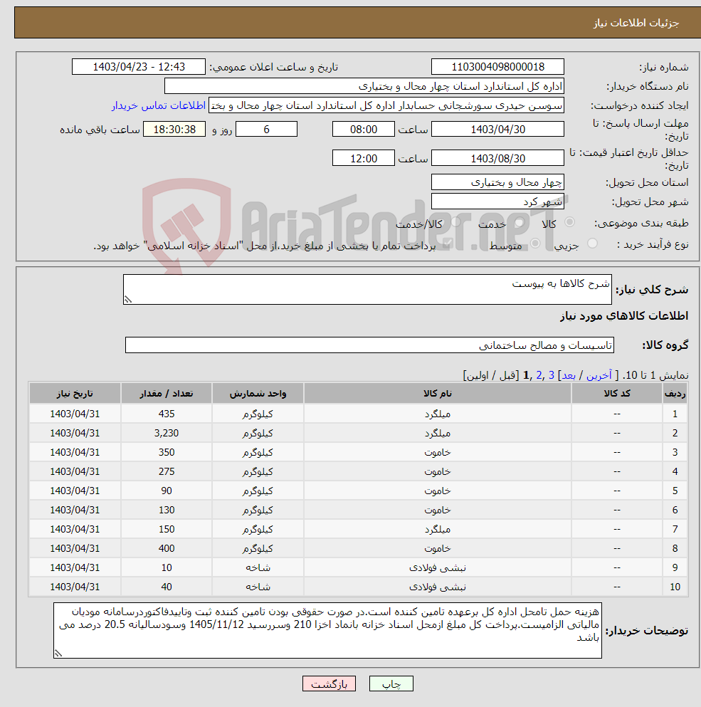تصویر کوچک آگهی نیاز انتخاب تامین کننده-شرح کالاها به پیوست