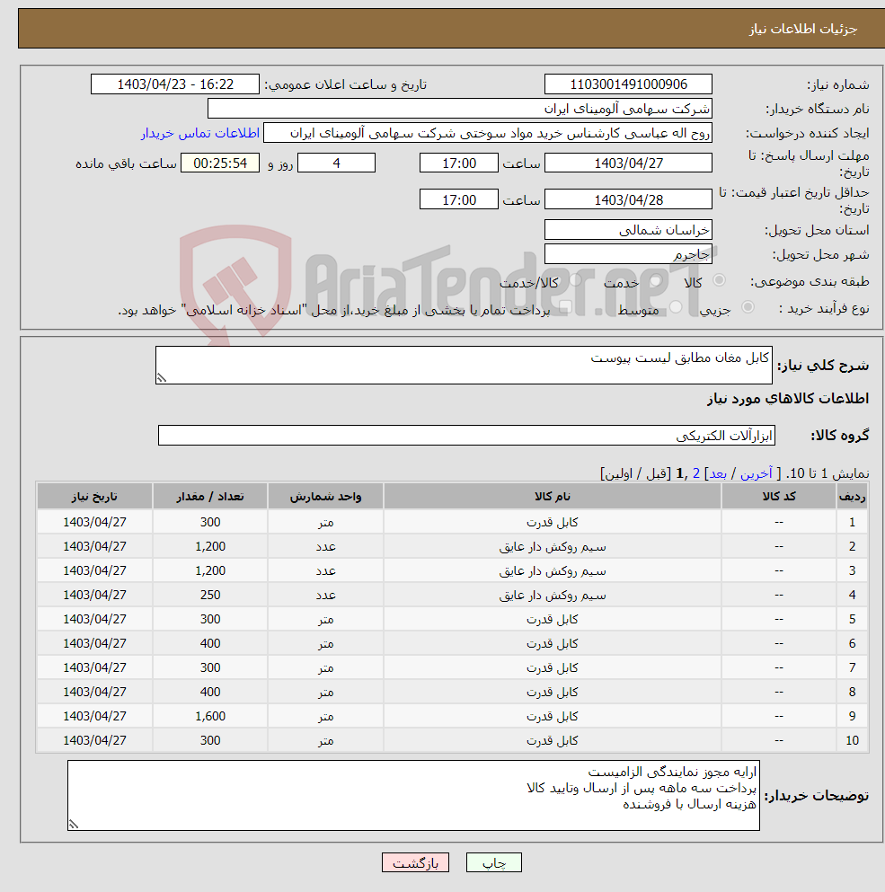 تصویر کوچک آگهی نیاز انتخاب تامین کننده-کابل مغان مطابق لیست پیوست