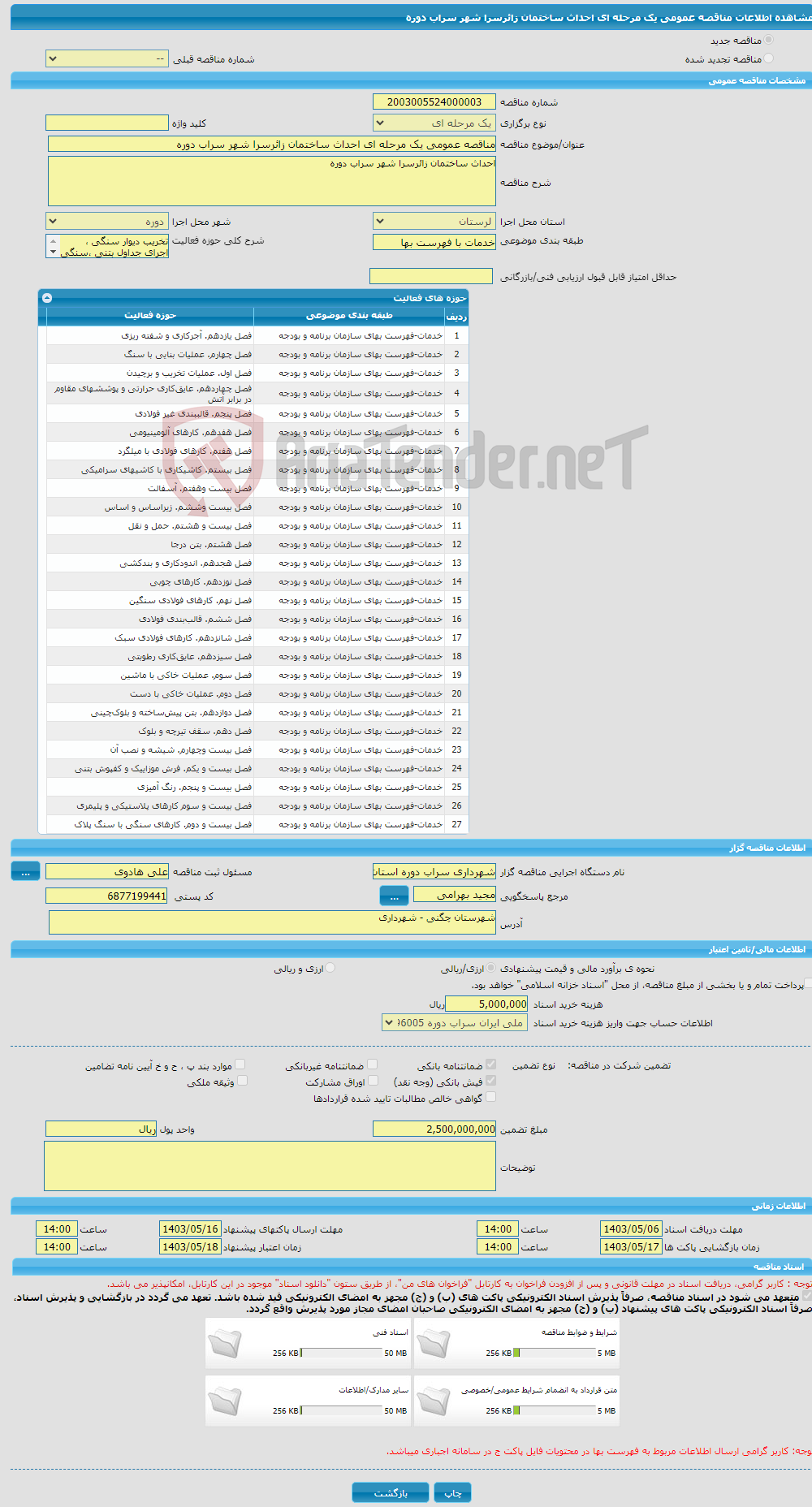 تصویر کوچک آگهی مناقصه عمومی یک مرحله ای احداث ساختمان زائرسرا شهر سراب دوره