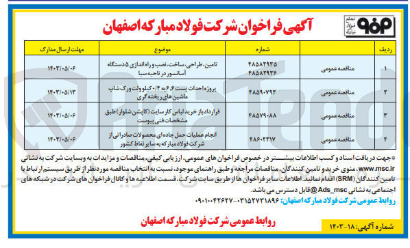تصویر کوچک آگهی انجام عملیات حمل جاده ای محصولات صادراتی از شرکت فولاد مبارکه به سایر نقاط کشور