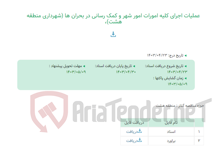 تصویر کوچک آگهی عملیات اجرای کلیه امورات امور شهر و کمک رسانی در بحران ها (شهرداری منطقه هشت)،