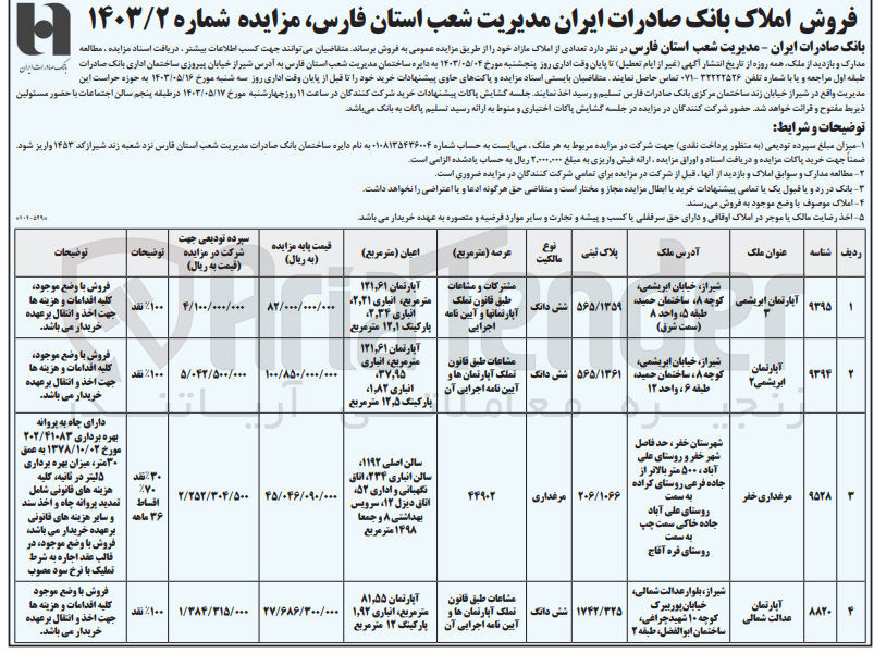 تصویر کوچک آگهی فروش املاک مازاد خود در 4 ردیف