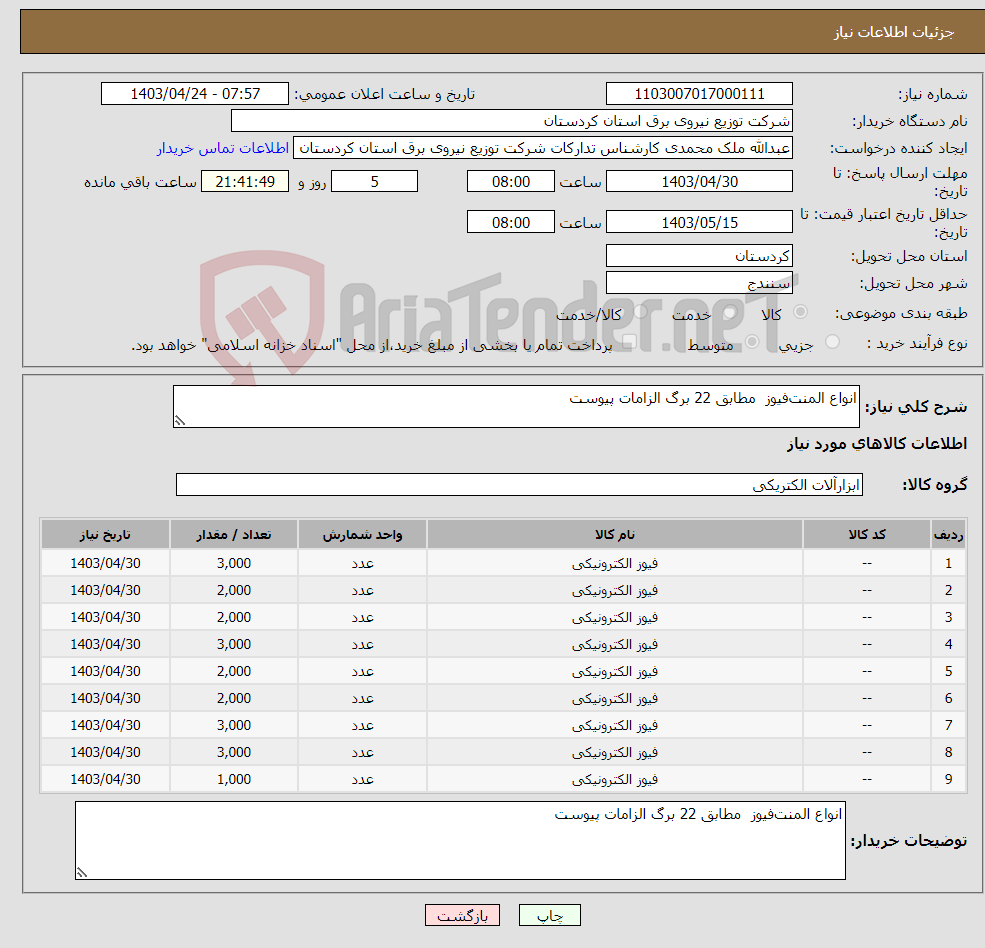 تصویر کوچک آگهی نیاز انتخاب تامین کننده-انواع المنت‌فیوز مطابق 22 برگ الزامات پیوست 