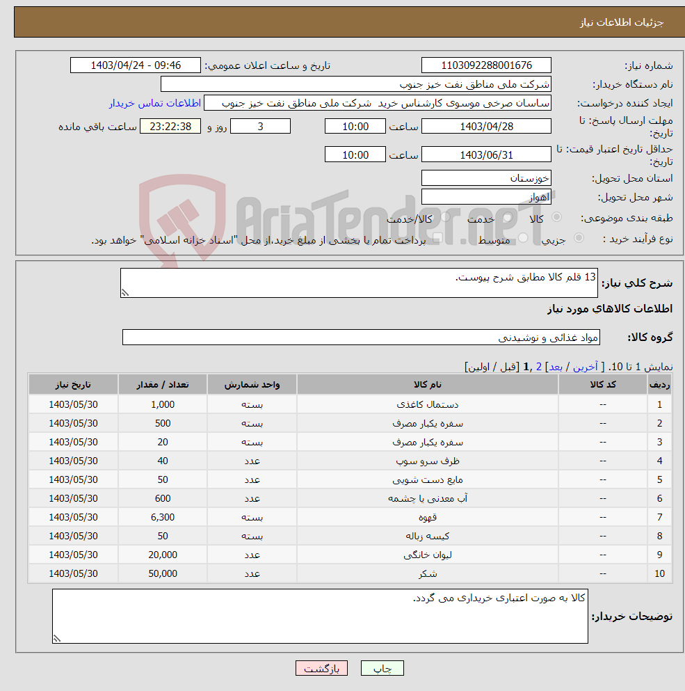 تصویر کوچک آگهی نیاز انتخاب تامین کننده-13 قلم کالا مطابق شرح پیوست.