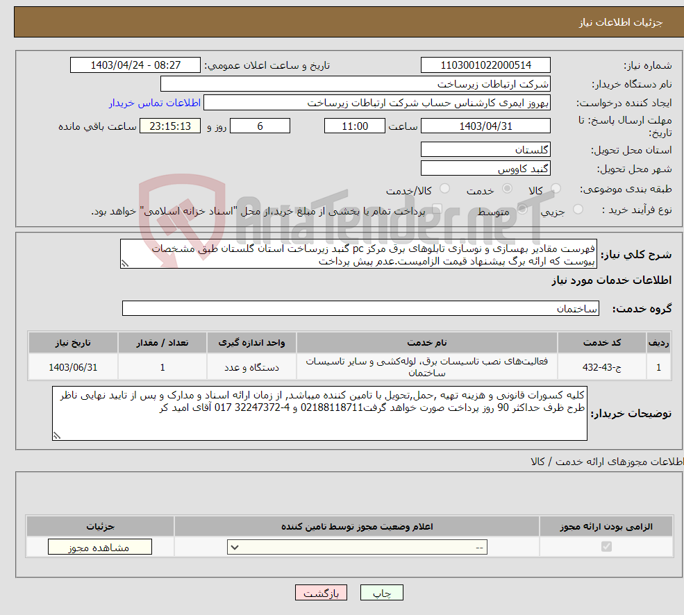 تصویر کوچک آگهی نیاز انتخاب تامین کننده-فهرست مقادیر بهسازی و نوسازی تابلوهای برق مرکز pc گنبد زیرساخت استان گلستان طبق مشخصات پیوست که ارائه برگ پیشنهاد قیمت الزامیست.عدم پیش پرداخت