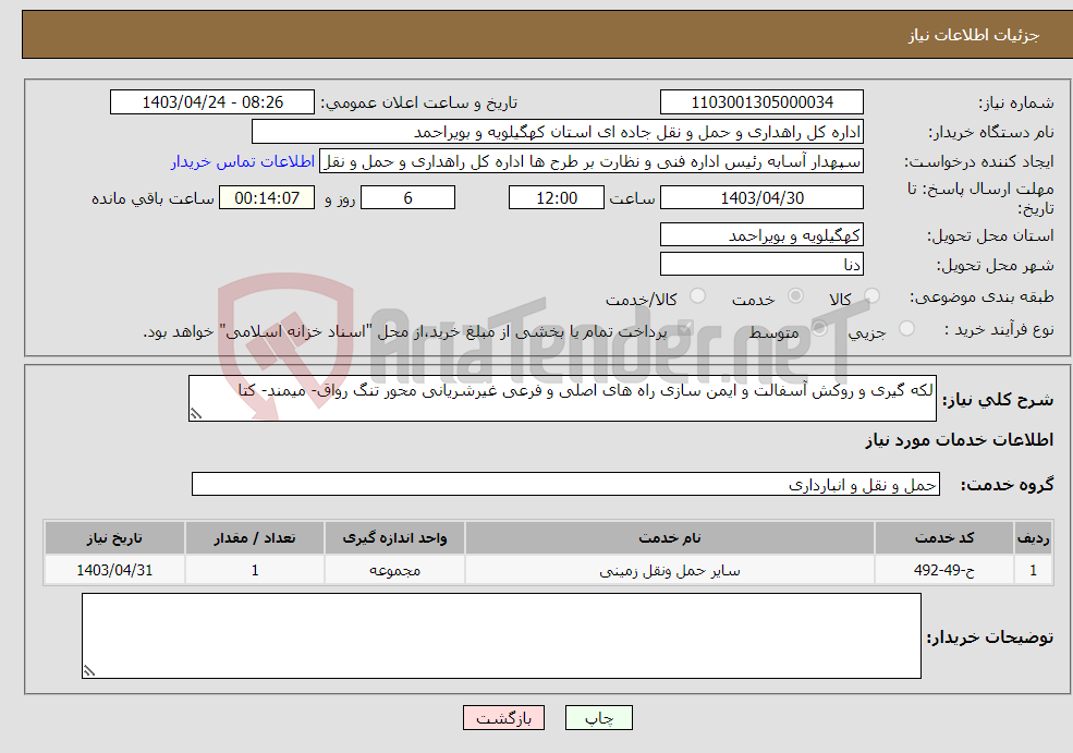 تصویر کوچک آگهی نیاز انتخاب تامین کننده-لکه گیری و روکش آسفالت و ایمن سازی راه های اصلی و فرعی غیرشریانی محور تنگ رواق- میمند- کتا