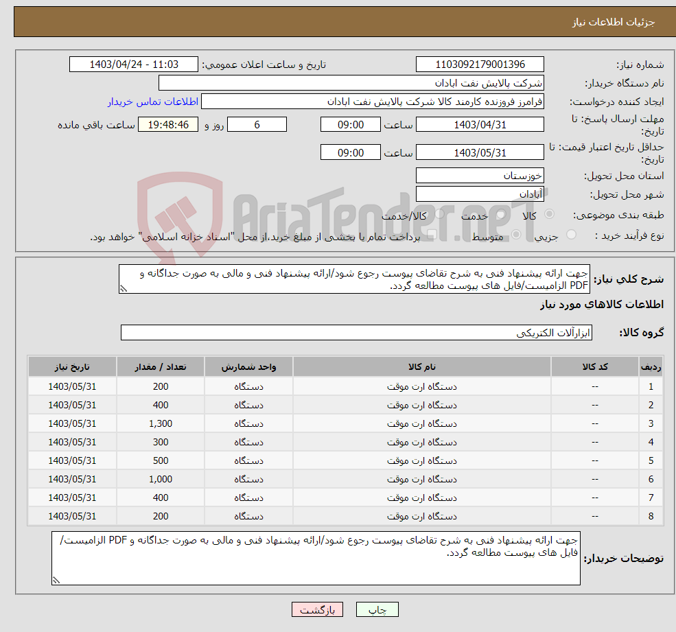 تصویر کوچک آگهی نیاز انتخاب تامین کننده-جهت ارائه پیشنهاد فنی به شرح تقاضای پیوست رجوع شود/ارائه پیشنهاد فنی و مالی به صورت جداگانه و PDF الزامیست/فایل های پیوست مطالعه گردد.