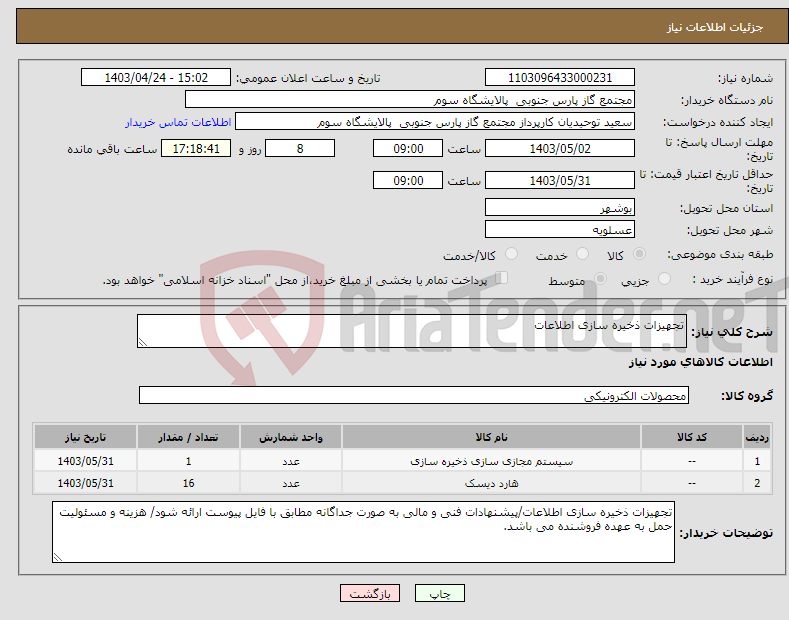 تصویر کوچک آگهی نیاز انتخاب تامین کننده-تجهیزات ذخیره سازی اطلاعات