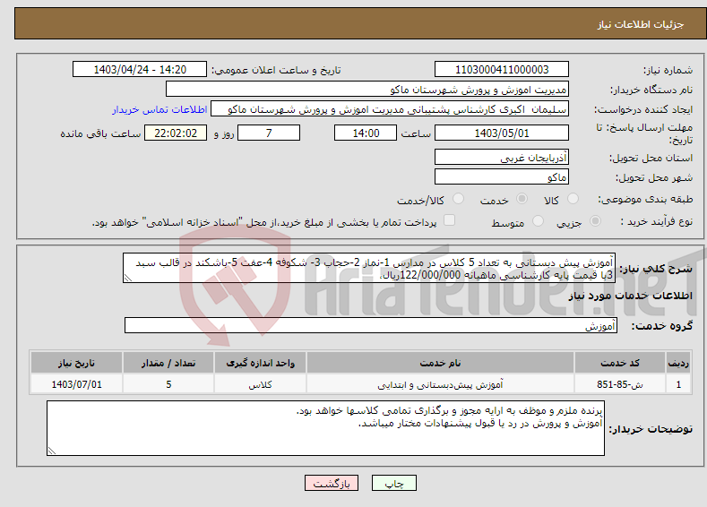 تصویر کوچک آگهی نیاز انتخاب تامین کننده-آموزش پیش دبستانی به تعداد 5 کلاس در مدارس 1-نماز 2-حجاب 3- شکوفه 4-عفت 5-باشکند در قالب سبد 3با قیمت پایه کارشناسی ماهیانه 122/000/000ریال،