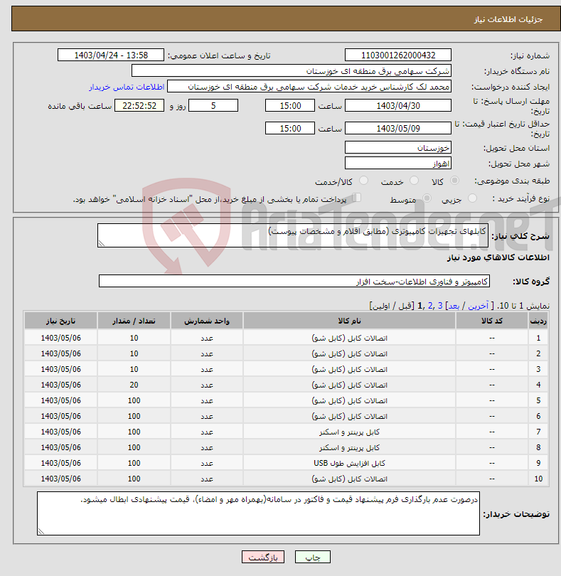 تصویر کوچک آگهی نیاز انتخاب تامین کننده-کابلهای تجهیزات کامپیوتری (مطابق اقلام و مشخصات پیوست) 