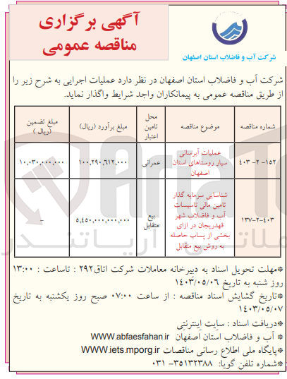 تصویر کوچک آگهی شناسایی سرمایه گذار تامین مالی تاسیسات آب و فاضلاب شهر قهدریجان در ازای بخشی از پساب حاصله به روش بیع متقابل
