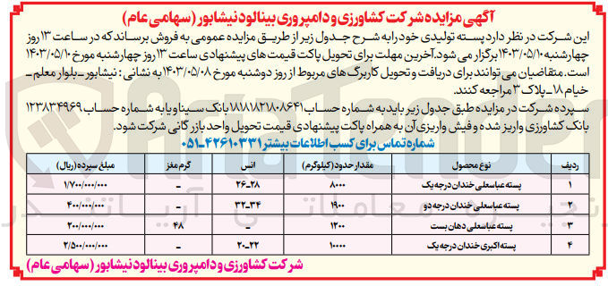 تصویر کوچک آگهی فروش پسته تولیدی خود به شرح:
1- پسته عباسعلی خندان درجه یک 8000 کیلوگرم
2- پسته عباسعلی خندان درجه دو 1900 کیلوگرم
3- پسته عباسعلی دهان بست 1200 کیلوگرم
4- پسته اکبری خندان درجه یک 10000 کیلوگرم