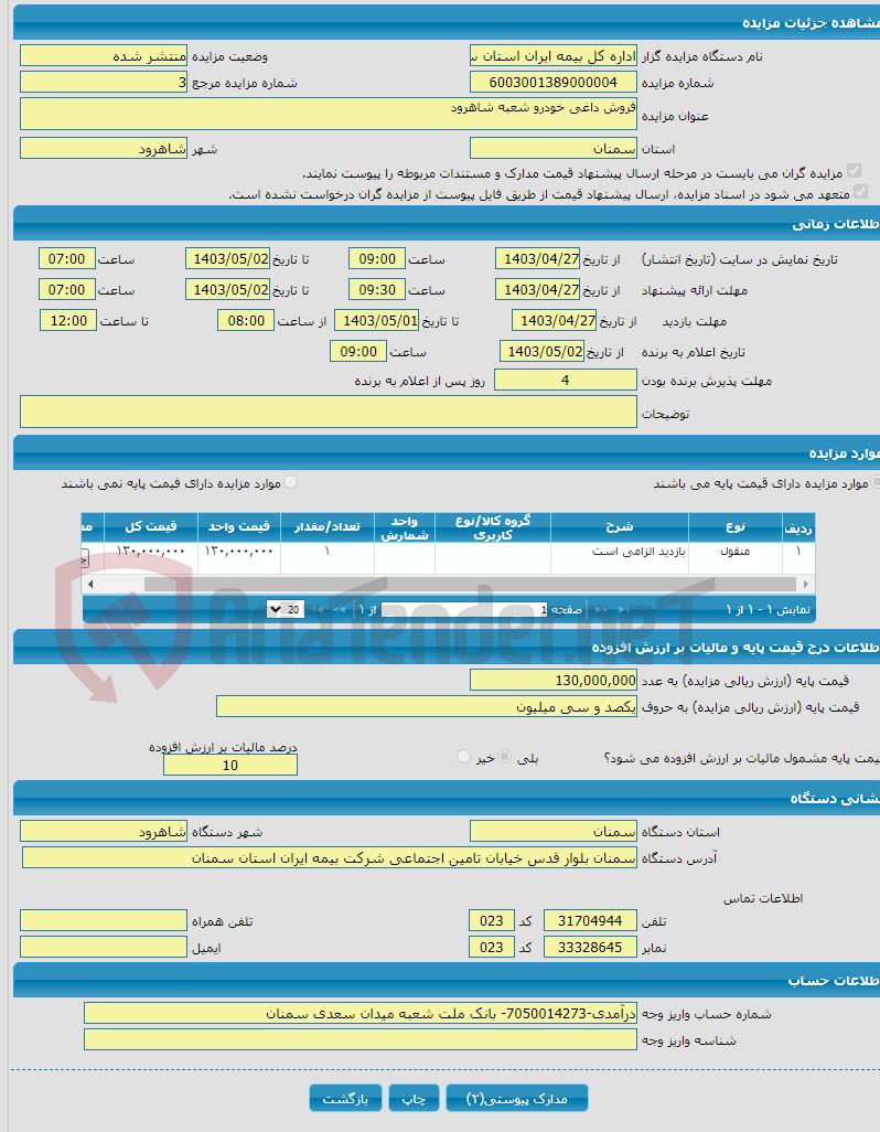 تصویر کوچک آگهی فروش داغی خودرو شعبه شاهرود 