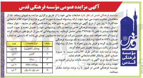 تصویر کوچک آگهی فروش ضایعات چاپی خود :
1- پوشال (خمیری)
2- کارتن 
3- زینک 
4- روزنامه باطله 
5- سر رول ته رول