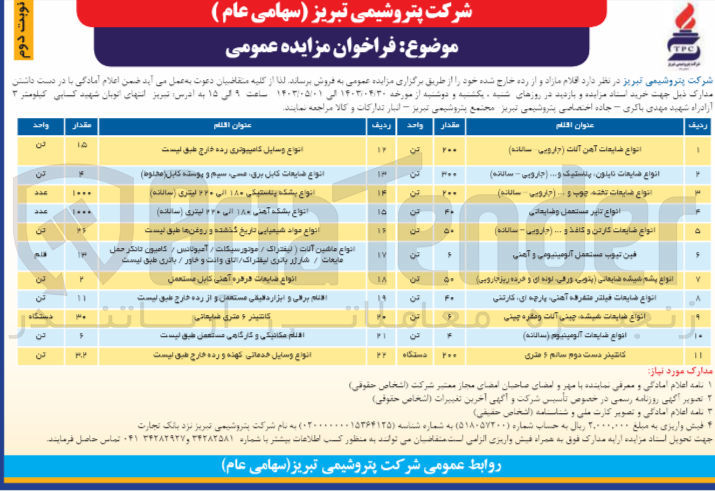 تصویر کوچک آگهی فروش اقلام مازاد و از رده خارج شده در 22 ردیف شامل:
1- انواع ضایعات آهن آلات 200 تن (جارویی سالانه)
2- انواع ضایعات نایلون پلاستیک و... 300 تن (جارویی سالانه)
3- انواع ضایعات تخته چوب و ... 200 تن (جارویی سالانه)
4- انواع تایر مستعمل و ضایعاتی 40 تن
5- انواع ضایعات کارتن و کاغذ و ... 50 تن (جارویی سالانه)
6- فین تیوب مستعمل آلومینیومی و آهنی 6 تن
7- انواع پشم شیشه ضایعاتی (پتویی ورقی لوله ای و خرده ریز جارویی) 50 تن 
8- انواع ضایعات فیلتر متفرقه آهنی پارچه ای کارتنی 40 تن
9- انواع ضایعات شیشه چینی آلات و مقره چینی 6 تن
10- انواع ضایعات آلومینیوم (سالانه) 4 تن
11- کانتینر دست دوم سالم 6 متری 200دستگاه
12- انواع وسایل کامپیوتری رده خارج طبق لیست 15 تن
13- انواع ضایعات کابل برق مسی سیم و پوستع کابل (مخلوط) 4 تن
14- انواع بشکه پلاستیکی 180 الی 220 لیتری (سالانه) 1000 عدد
15- انواع بشکه آهنی 180 الی 220 لیتری (سالانه) 1000 عدد
16- انواع مولد شیمیایی تاریخ گذشته و روغن ها 46 تن
17- انواع ماشین الات (لیفتراک موتور سیکلت آمبولانس کامیون تانکر حمل مایعات شارژر باتری لیفتراک اتاق وانت و خاور باتری 13 قلم
18- انواع ضایعات قرقره آهنی کابل مستعمل 2 تن
19- اقلام برقی و ابزار دقیقی مستعمل و از رده خارج 11 تن
20- کانتینر 6 متری ضایعاتی 30 دستگاه
21- اقلام مکانیکی و کارگاهی مستعمل 6 تن
22- انواع وسایل خدماتی کهنه و رده خارج  3.2 تن