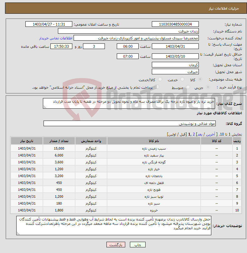 تصویر کوچک آگهی نیاز انتخاب تامین کننده-خرید تره بار و میوه تازه درجه یک برای مصرف سه ماه و نحوه تحویل دو مرحله در هفته تا پایان مدت قرارداد
