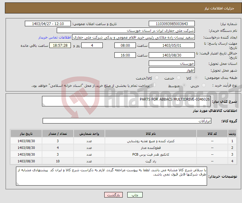 تصویر کوچک آگهی نیاز انتخاب تامین کننده-PARTS FOR ABBACS MULTIDRIVE-0346026