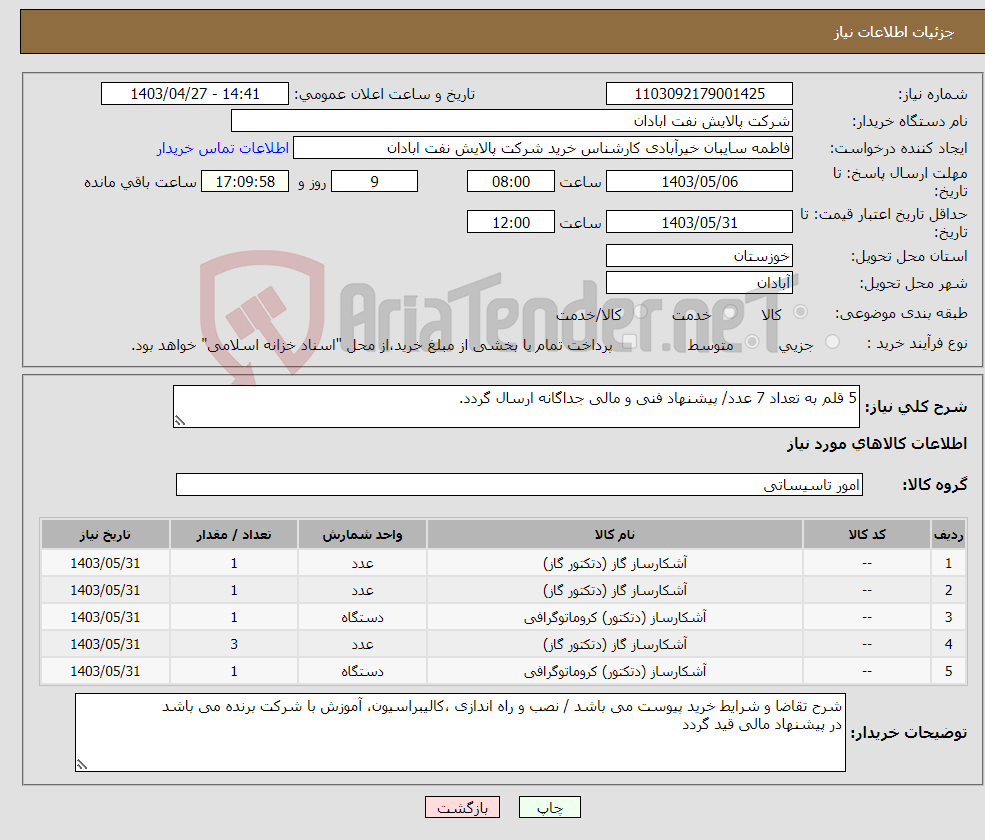 تصویر کوچک آگهی نیاز انتخاب تامین کننده-5 قلم به تعداد 7 عدد/ پیشنهاد فنی و مالی جداگانه ارسال گردد.