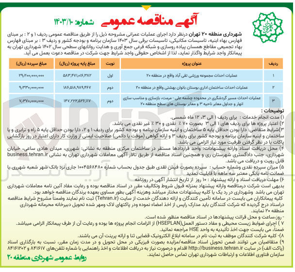 تصویر کوچک آگهی  عملیات احداث مسیر گردشگری در محدوده چشمه علی مرمت بازسازی و مناسب سازی انهار و جداول معابر ناحیه ۳ و معابر بوستان های سطح منطقه ۲۰