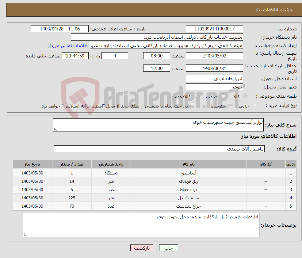 تصویر کوچک آگهی نیاز انتخاب تامین کننده-لوازم آسانسور جهت شهرستان خوی