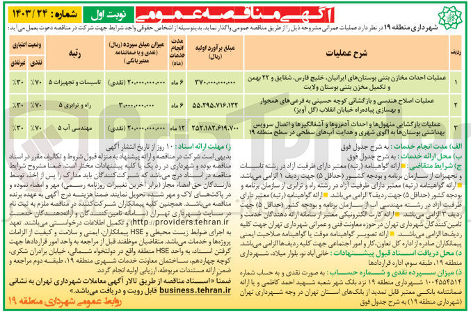 تصویر کوچک آگهی عملیات بازگشایی منهول ها و احداث آدم روها و آشغالگیر ها و اتصال سرویس بهداشتی بوستان ها به آگوی شهری و هدایت آب های سطحی در سطح منطقه 19