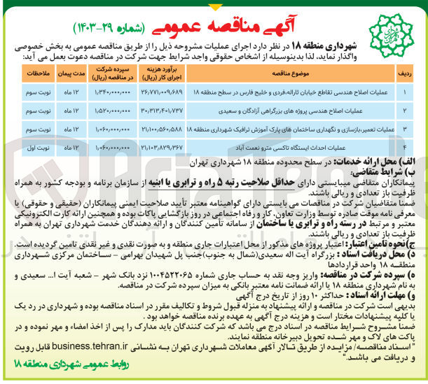 تصویر کوچک آگهی عملیات اصلاح هندسی تقاطع خیابان ثاراله،فردی و خلیج فارس در سطح منطقه 18