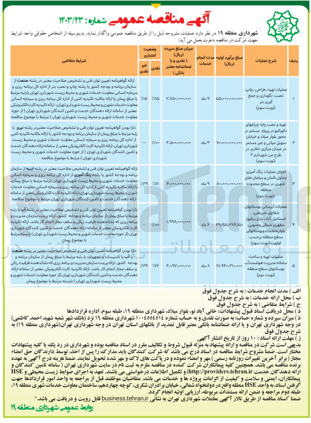 تصویر کوچک آگهی تهیه و نصب پایه چراغهای دکوراتیو در پروژه مستمر در محور بلوار میلاد و خیابان سهیل میانی و غیر مستمر در میدان مرکزی خلازیر در طرح من شهردارم 2