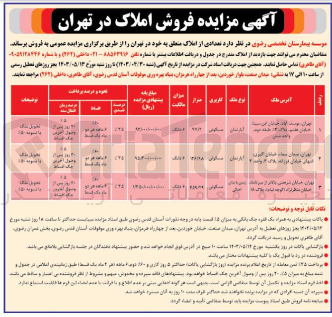 تصویر کوچک آگهی فروش تعدادی از املاک متعلق به خود در تهران در 3 ردیف با کاربری مسکونی 