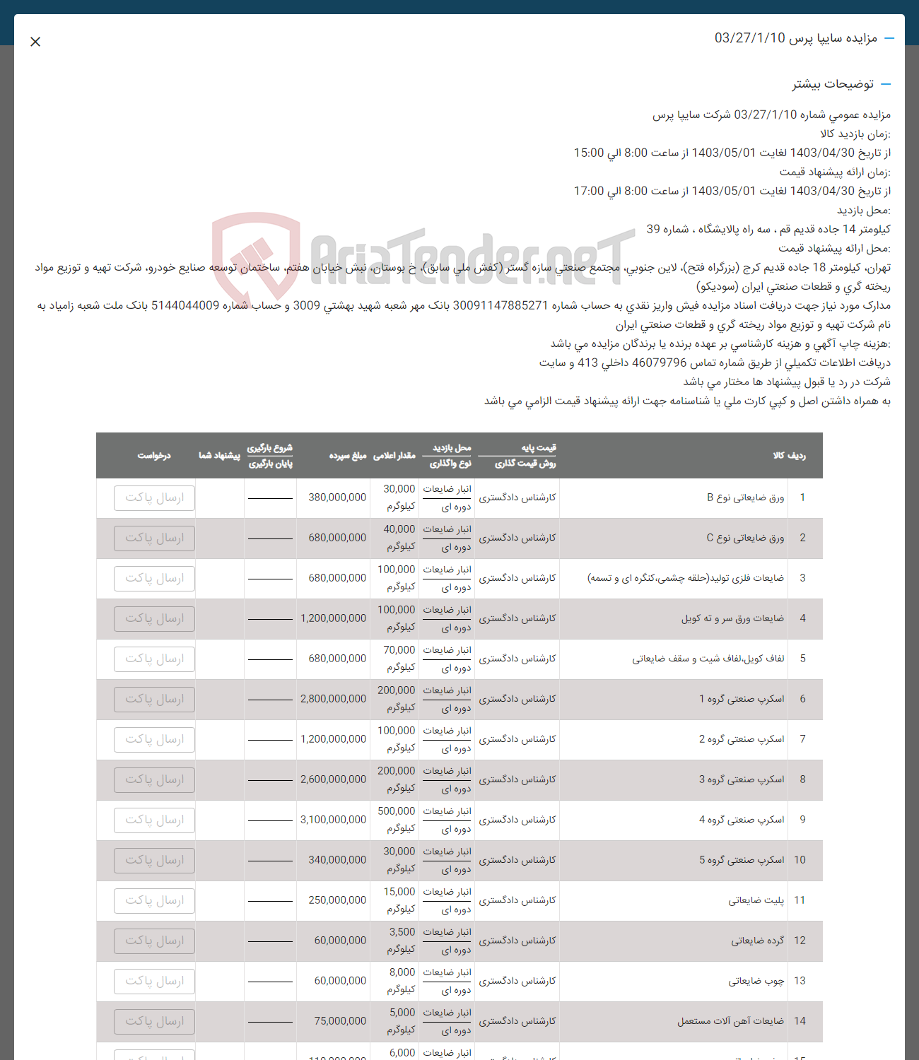 تصویر کوچک آگهی فروش اقلام در 15 ردیف شامل: ورق ضایعاتی-نوع B .C ضایعات فلزی -لفاف -اسکرپ-گرده ضایعاتی -چوب ضایعاتی وضایعات آهن آلات مستعمل