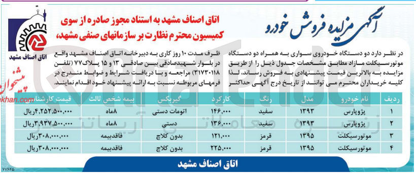 تصویر کوچک آگهی فروش دو دستگاه خودروی سواری پژو پارس به همراه دو دستگاه موتور سیکلت مازاد