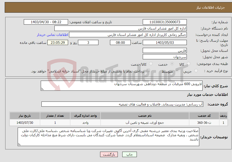 تصویر کوچک آگهی نیاز انتخاب تامین کننده-لایروبی 600 مترقنات در منطقه دوچاهی شهرستان سرچهان