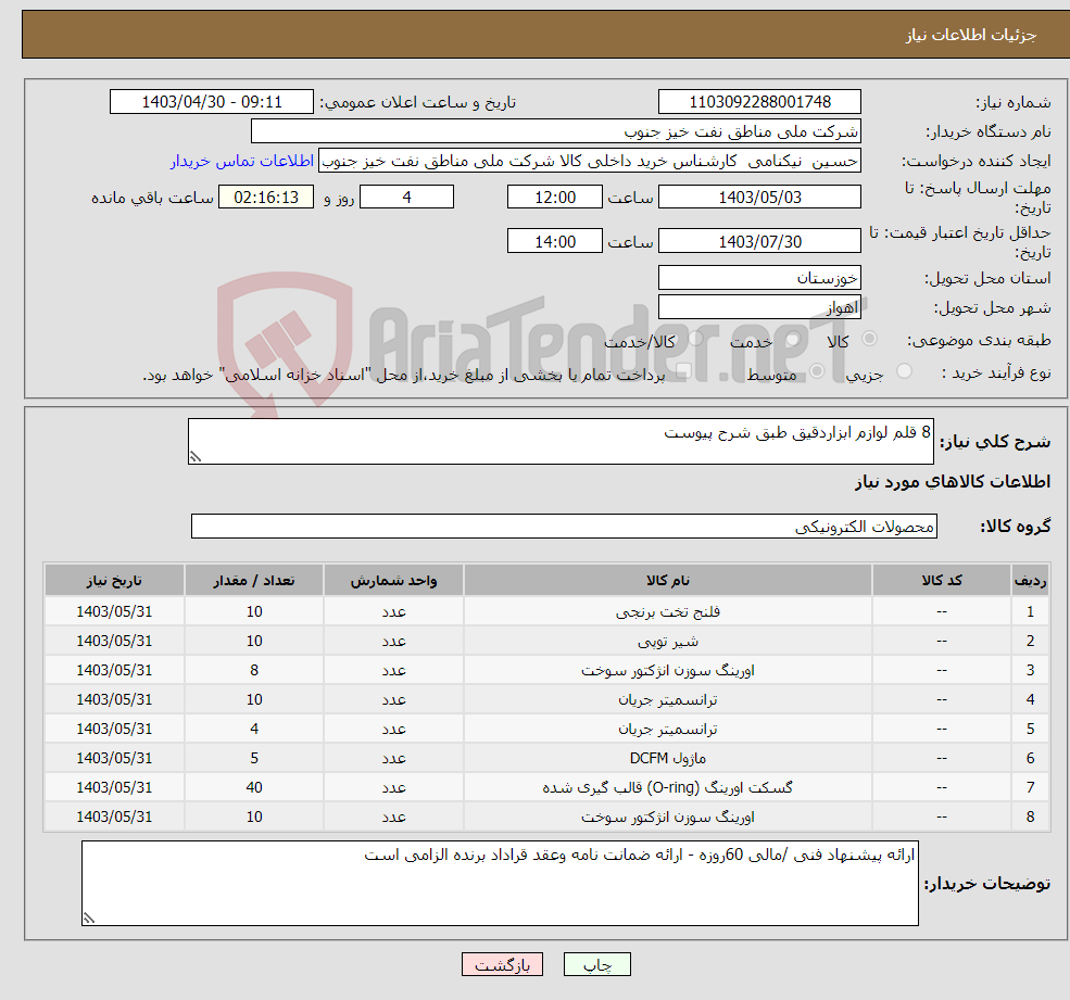 تصویر کوچک آگهی نیاز انتخاب تامین کننده-8 قلم لوازم ابزاردقیق طبق شرح پیوست
