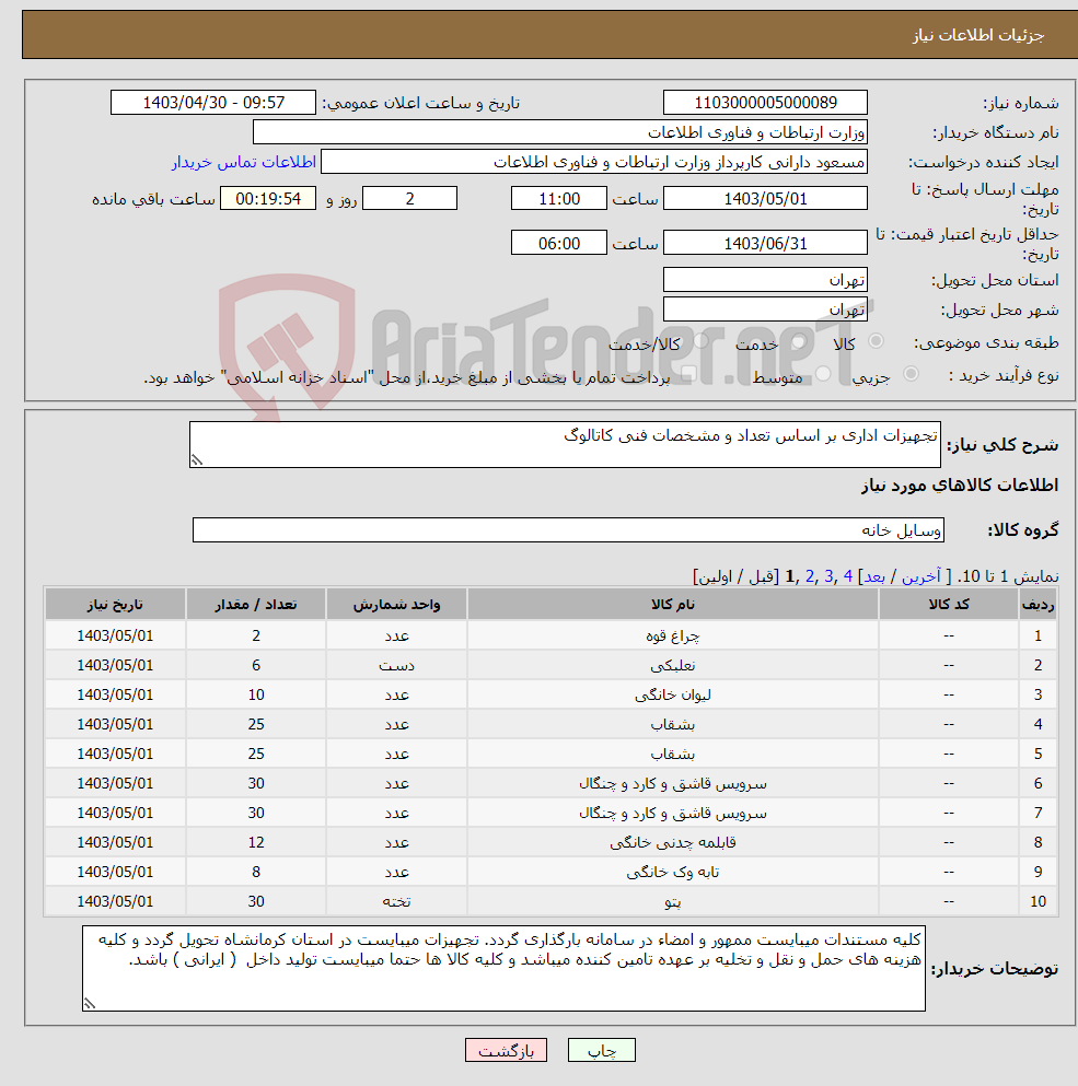 تصویر کوچک آگهی نیاز انتخاب تامین کننده-تجهیزات اداری بر اساس تعداد و مشخصات فنی کاتالوگ 