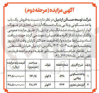 تصویر کوچک آگهی فروش یک باب واحد مسکونی ویلایی و یکدستگاه آپارتمان تجاری در شهرک کوثر اردبیل 