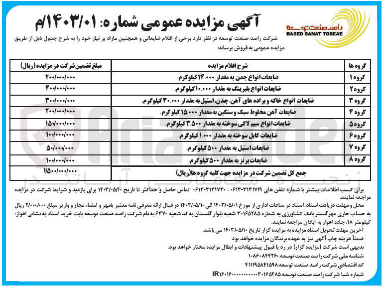 تصویر کوچک آگهی فروش اقلام ضایعاتی و همچمین مازاد در 8 گروه شامل :
ضایعات انواع چدن -ضایعات استیل -ضایعات برنز -ضایعات کابل سوخته و....