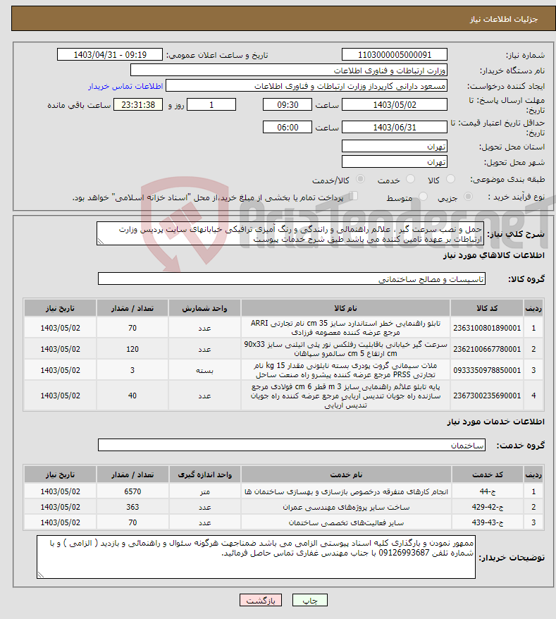 تصویر کوچک آگهی نیاز انتخاب تامین کننده-حمل و نصب سرعت گیر ، علائم راهنمائی و رانندگی و رنگ آمیزی ترافیکی خیابانهای سایت پردیس وزارت ارتباطات بر عهده تامین کننده می باشد طیق شرح خدمات پیوست