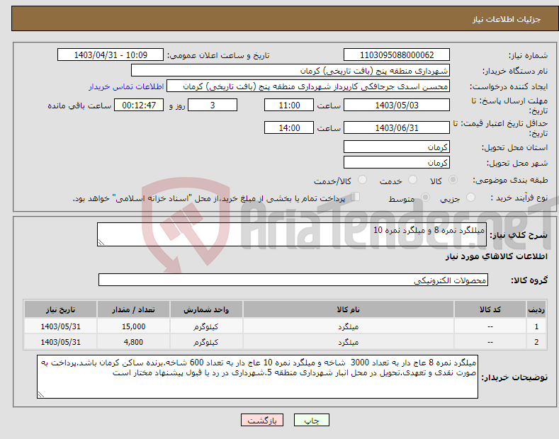 تصویر کوچک آگهی نیاز انتخاب تامین کننده-میللگرد نمره 8 و میلگرد نمره 10