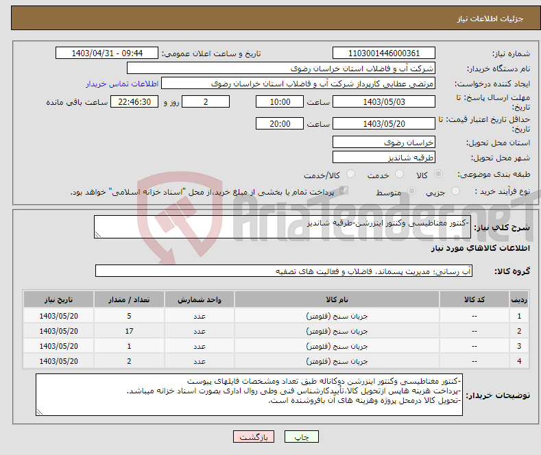 تصویر کوچک آگهی نیاز انتخاب تامین کننده--کنتور مغناطیسی وکنتور اینزرشن-طرقبه شاندیز