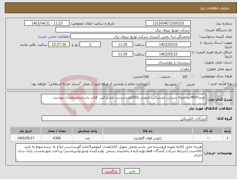 تصویر کوچک آگهی نیاز انتخاب تامین کننده-خرید4000عددمیله سردرب مشترکین جنوبی و500عددسردرب مشترکین قلاب داربرابرمشخصات پیوست