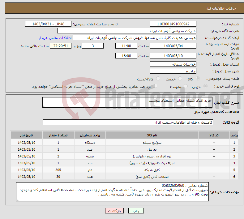 تصویر کوچک آگهی نیاز انتخاب تامین کننده-خرید اقلام شبکه مطابق استعلام پیوست