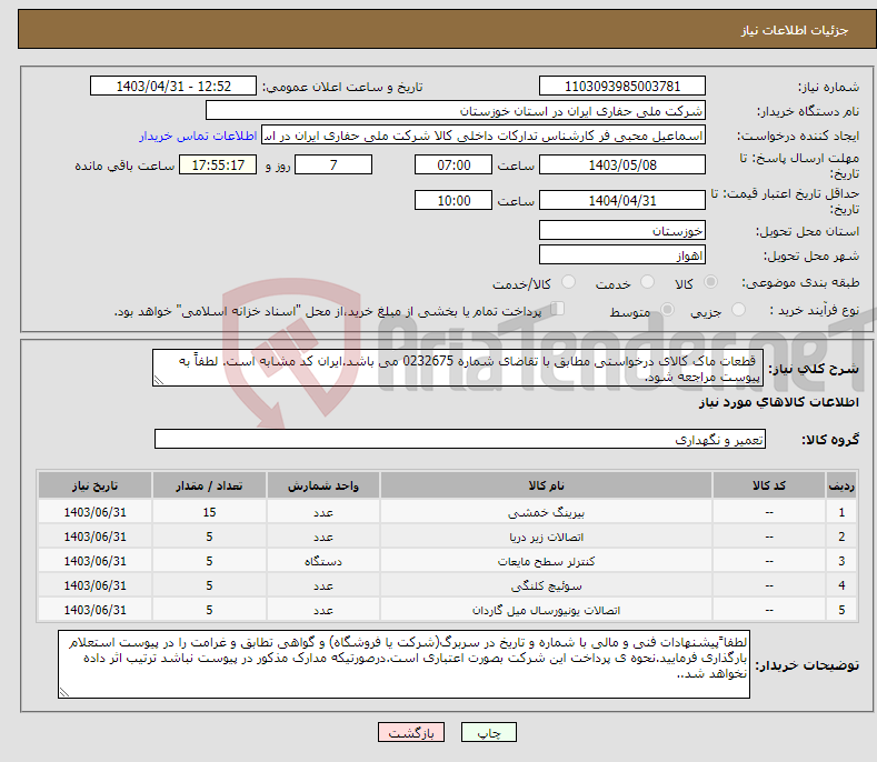 تصویر کوچک آگهی نیاز انتخاب تامین کننده- قطعات ماک کالای درخواستی مطابق با تقاضای شماره 0232675 می باشد.ایران کد مشابه است. لطفاً به پیوست مراجعه شود.