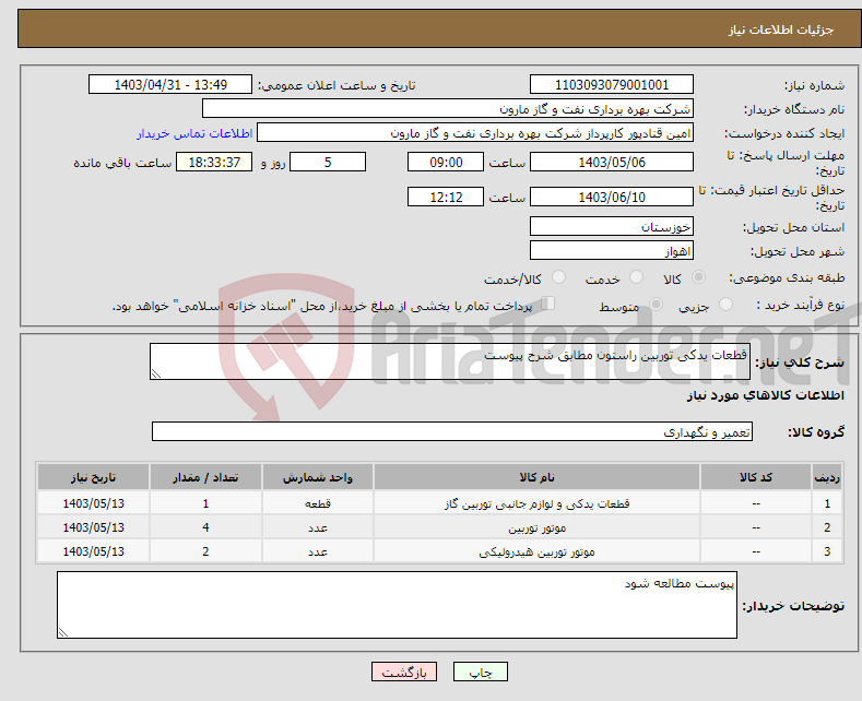 تصویر کوچک آگهی نیاز انتخاب تامین کننده-قطعات یدکی توربین راستون مطابق شرح پیوست