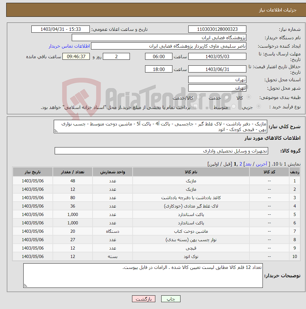 تصویر کوچک آگهی نیاز انتخاب تامین کننده-ماژیک - دفتر یاداشت - لاک غلط گیر - جاچسبی - پاکت آ4 - پاکت آ5 - ماشین دوخت متوسط - چسب نواری پهن - قیچی کوچک - اتود