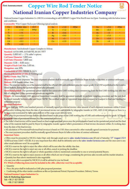 تصویر کوچک آگهی Wire Copper Rod as per following typical analysis