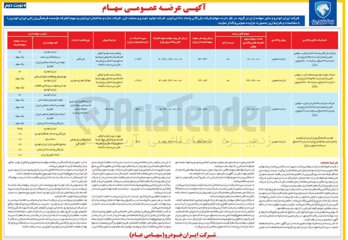 تصویر کوچک آگهی واگذاری سهام شرکت بازرگانی پاساد دانا ایرانیان- شرکت تولید خودرو صنعت خزر- شرکت سازه و ساختمان ایرانیان و سهم الشرکه موسسه فرهنگی ورزشی ایران خودرو