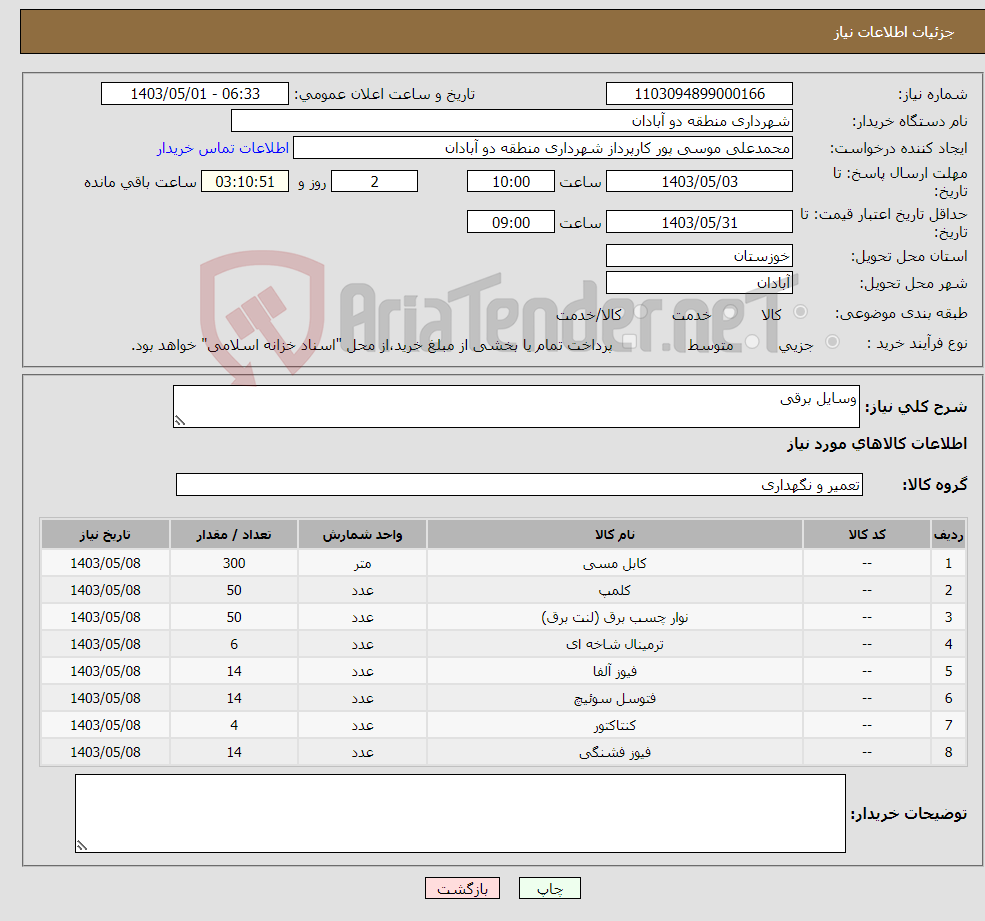 تصویر کوچک آگهی نیاز انتخاب تامین کننده-وسایل برقی